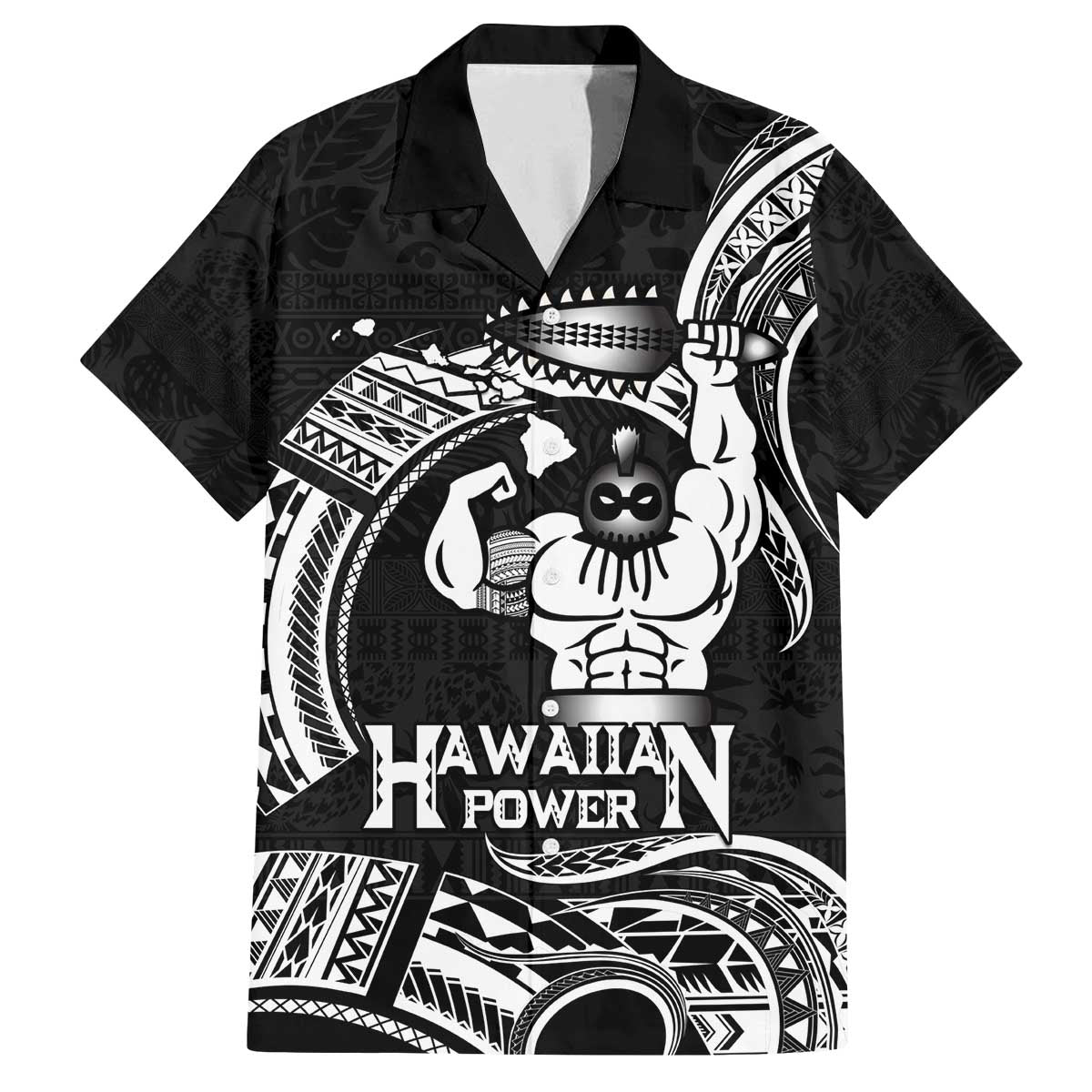 Black Hawaii Ikaika Warrior Family Matching Off The Shoulder Long Sleeve Dress and Hawaiian Shirt Hawaiian Power LT14 Dad's Shirt - Short Sleeve Black - Polynesian Pride