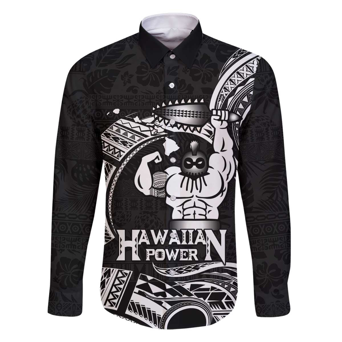 Black Hawaii Ikaika Warrior Family Matching Off The Shoulder Long Sleeve Dress and Hawaiian Shirt Hawaiian Power LT14 Dad's Shirt - Long Sleeve Black - Polynesian Pride