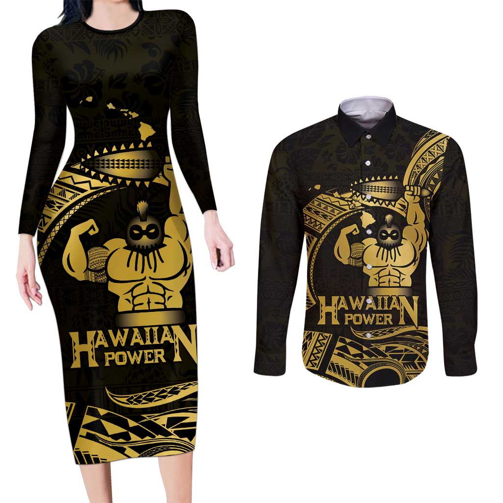 Gold Hawaii Ikaika Warrior Couples Matching Long Sleeve Bodycon Dress and Long Sleeve Button Shirt Hawaiian Power LT14 Gold - Polynesian Pride