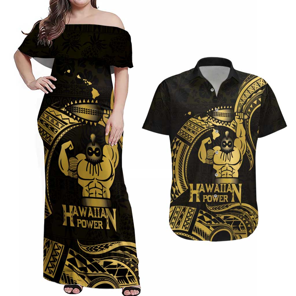 Gold Hawaii Ikaika Warrior Couples Matching Off Shoulder Maxi Dress and Hawaiian Shirt Hawaiian Power LT14 Gold - Polynesian Pride