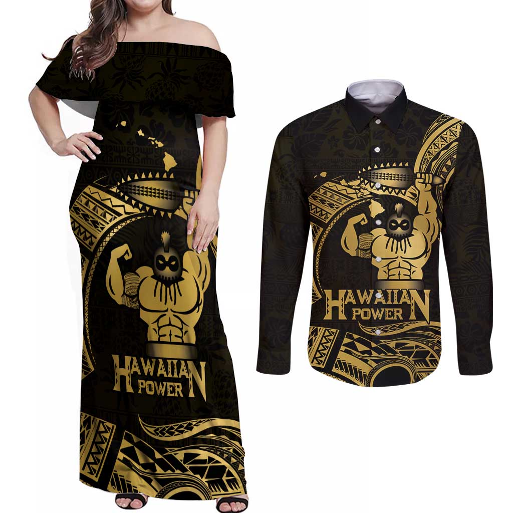Gold Hawaii Ikaika Warrior Couples Matching Off Shoulder Maxi Dress and Long Sleeve Button Shirt Hawaiian Power LT14 Gold - Polynesian Pride