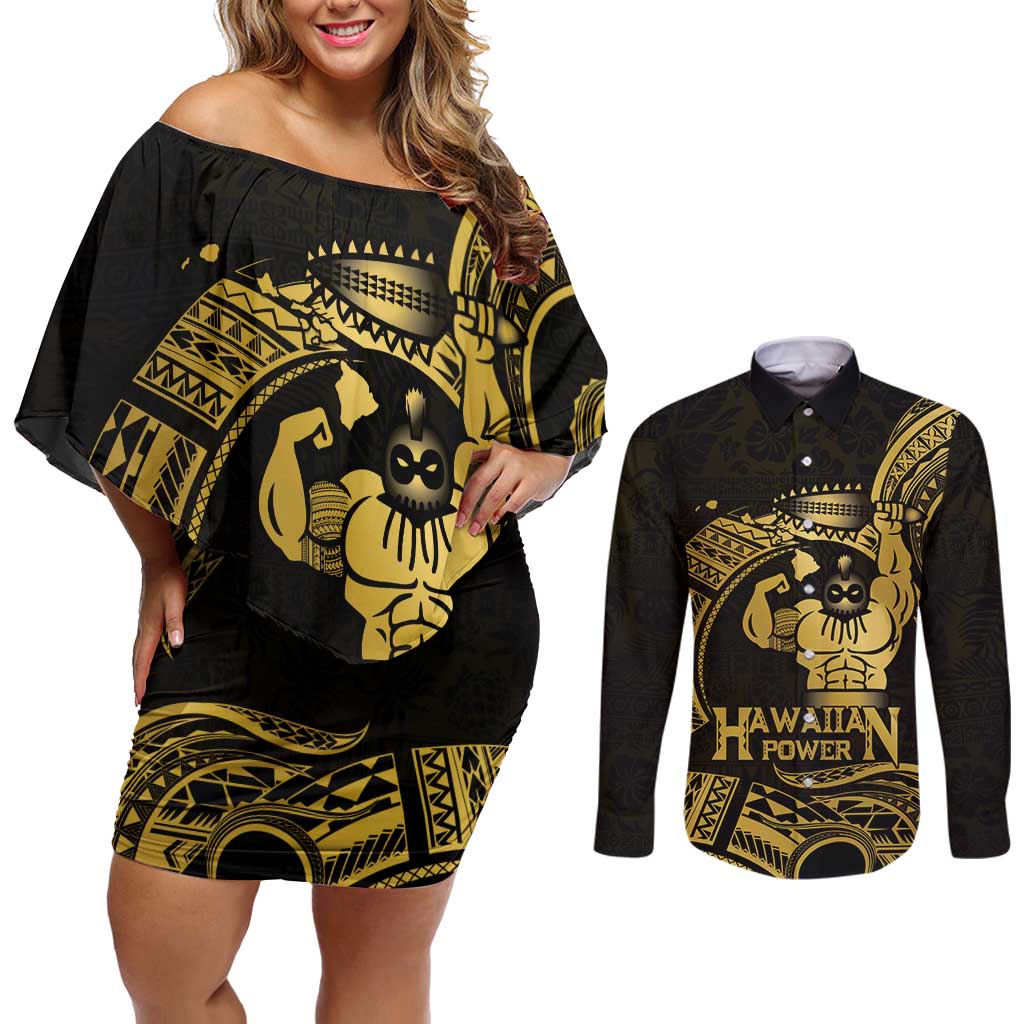 Gold Hawaii Ikaika Warrior Couples Matching Off Shoulder Short Dress and Long Sleeve Button Shirt Hawaiian Power LT14 Gold - Polynesian Pride