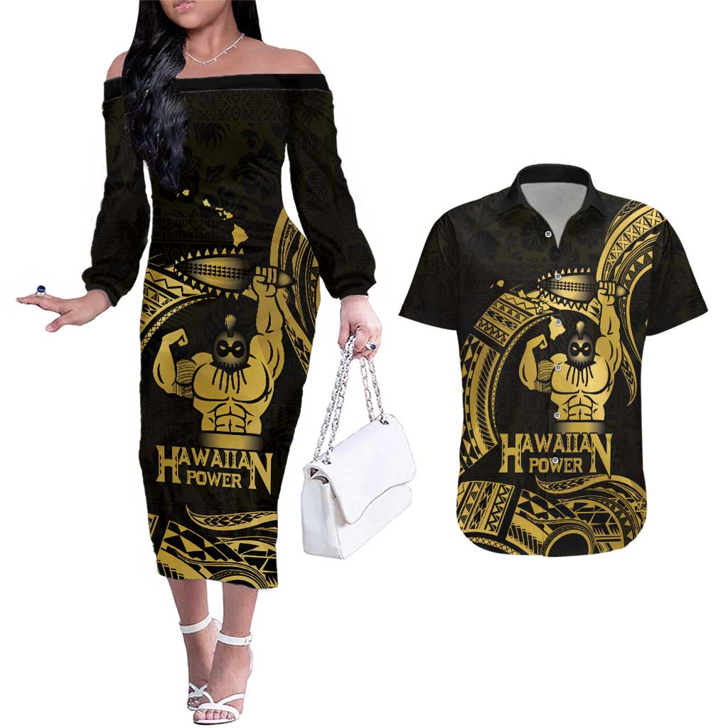 Gold Hawaii Ikaika Warrior Couples Matching Off The Shoulder Long Sleeve Dress and Hawaiian Shirt Hawaiian Power LT14 Gold - Polynesian Pride