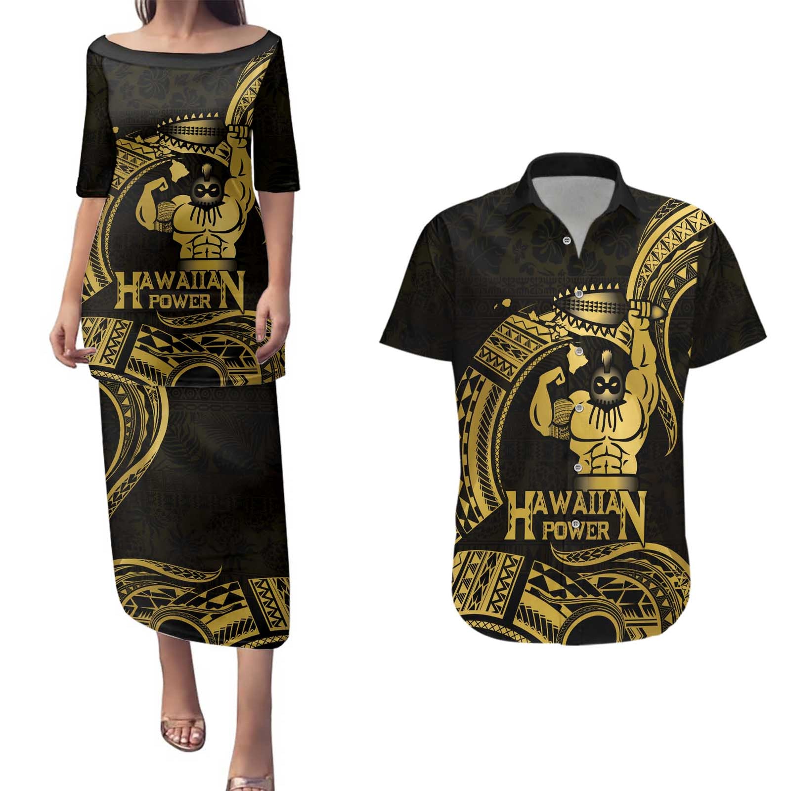 Gold Hawaii Ikaika Warrior Couples Matching Puletasi and Hawaiian Shirt Hawaiian Power LT14 Gold - Polynesian Pride