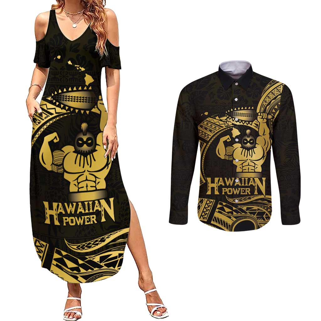 Gold Hawaii Ikaika Warrior Couples Matching Summer Maxi Dress and Long Sleeve Button Shirt Hawaiian Power LT14 Gold - Polynesian Pride