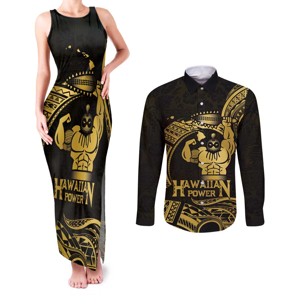 Gold Hawaii Ikaika Warrior Couples Matching Tank Maxi Dress and Long Sleeve Button Shirt Hawaiian Power LT14 Gold - Polynesian Pride