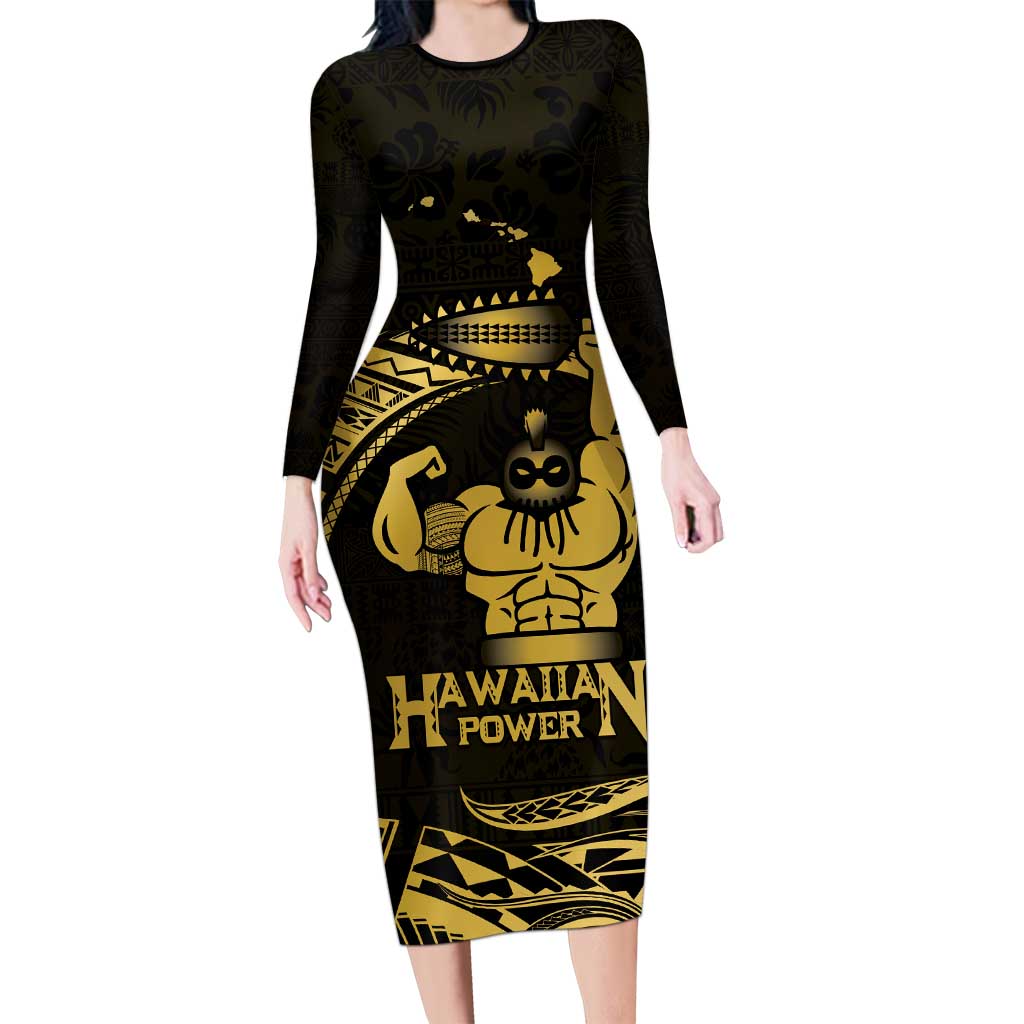 Gold Hawaii Ikaika Warrior Family Matching Long Sleeve Bodycon Dress and Hawaiian Shirt Hawaiian Power LT14 Mom's Dress Gold - Polynesian Pride