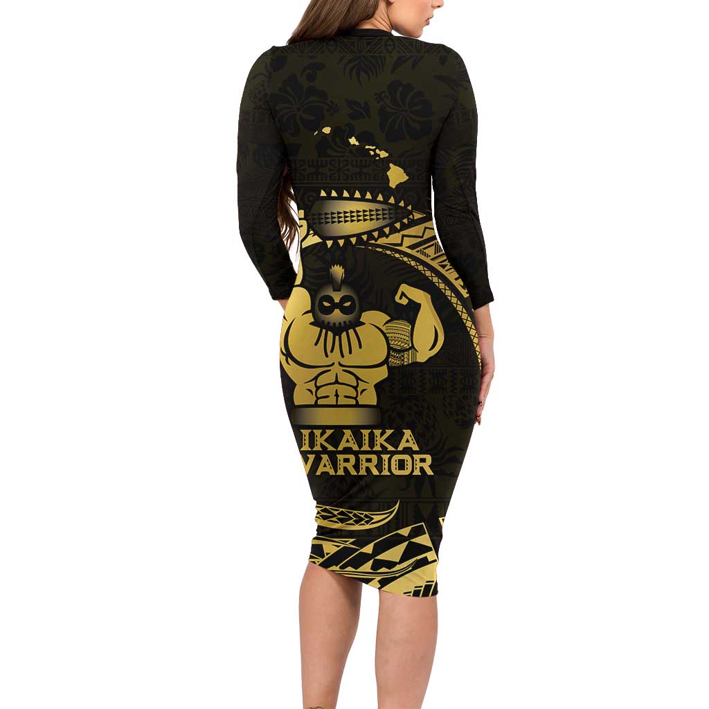 Gold Hawaii Ikaika Warrior Family Matching Long Sleeve Bodycon Dress and Hawaiian Shirt Hawaiian Power LT14 - Polynesian Pride