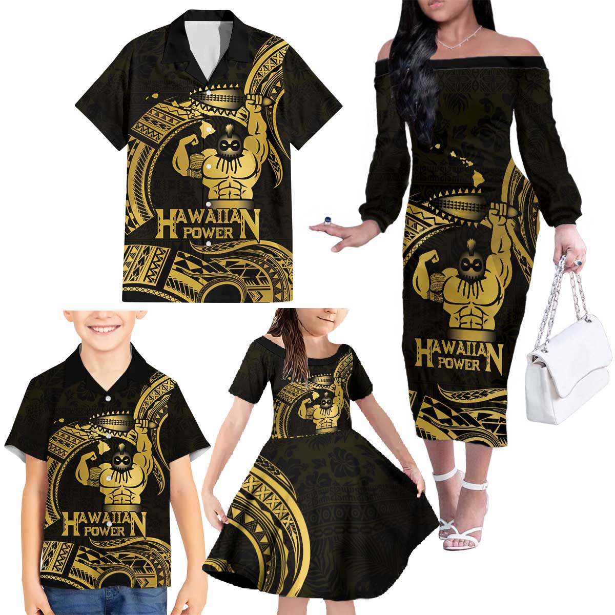 Gold Hawaii Ikaika Warrior Family Matching Off The Shoulder Long Sleeve Dress and Hawaiian Shirt Hawaiian Power LT14 - Polynesian Pride