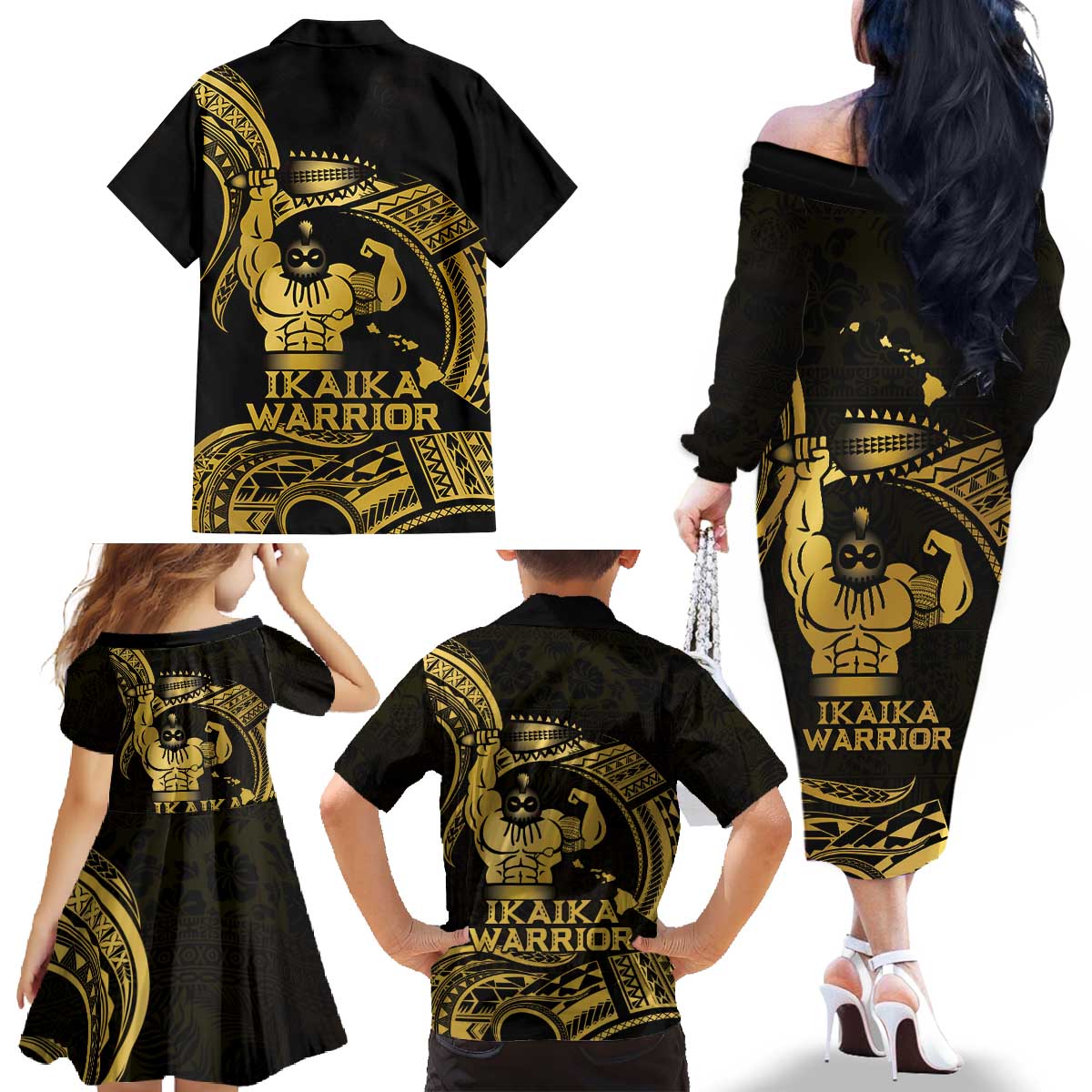 Gold Hawaii Ikaika Warrior Family Matching Off The Shoulder Long Sleeve Dress and Hawaiian Shirt Hawaiian Power LT14 - Polynesian Pride