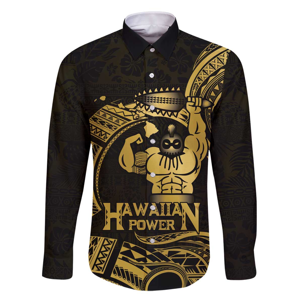 Gold Hawaii Ikaika Warrior Family Matching Off The Shoulder Long Sleeve Dress and Hawaiian Shirt Hawaiian Power LT14 Dad's Shirt - Long Sleeve Gold - Polynesian Pride
