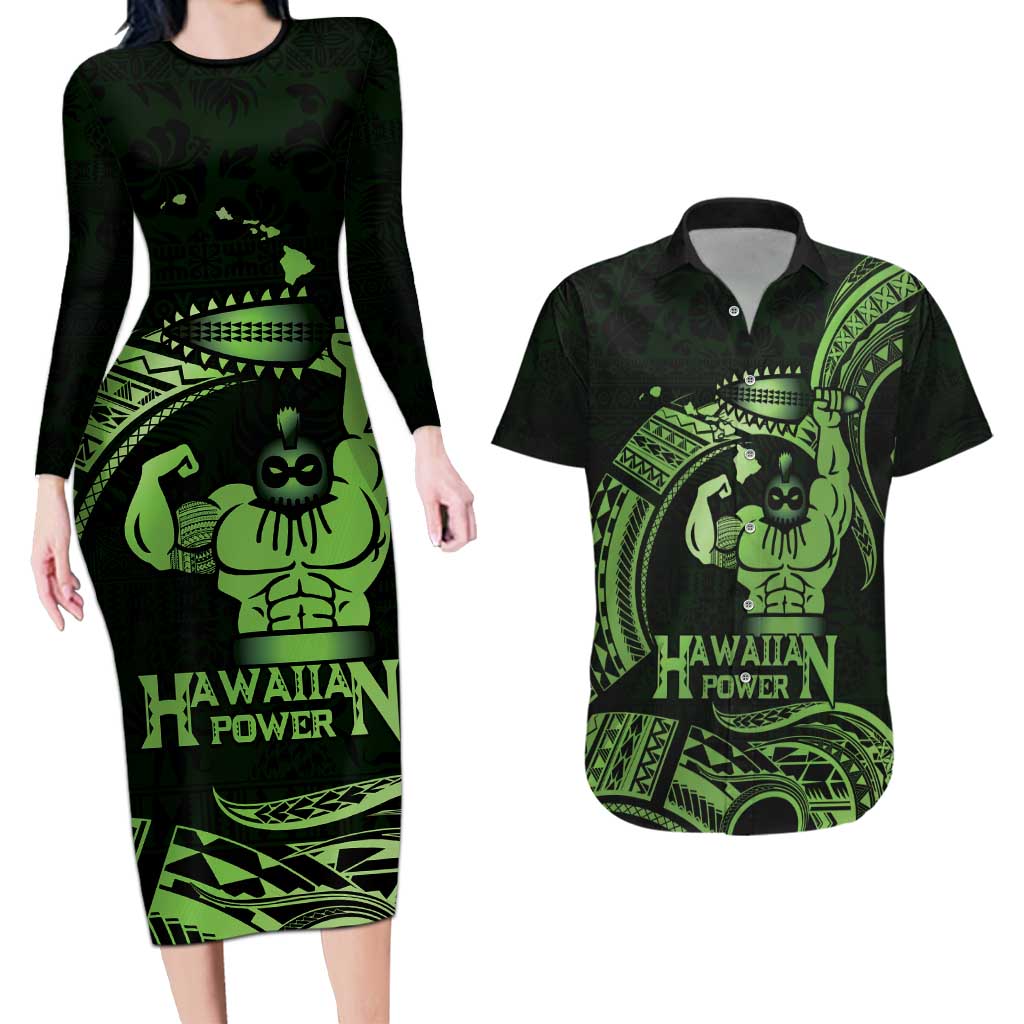 Green Hawaii Ikaika Warrior Couples Matching Long Sleeve Bodycon Dress and Hawaiian Shirt Hawaiian Power LT14 Green - Polynesian Pride