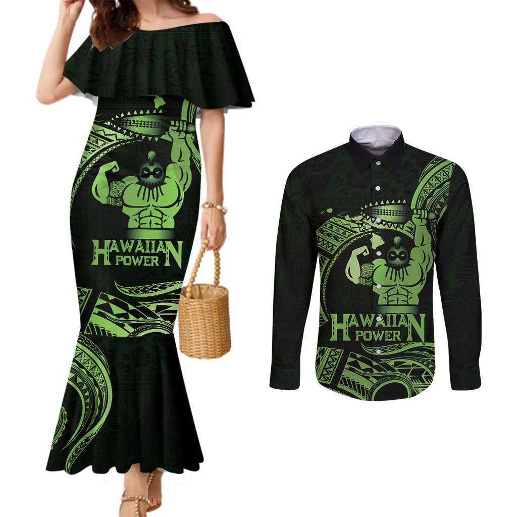 Green Hawaii Ikaika Warrior Couples Matching Mermaid Dress and Long Sleeve Button Shirt Hawaiian Power LT14 Green - Polynesian Pride