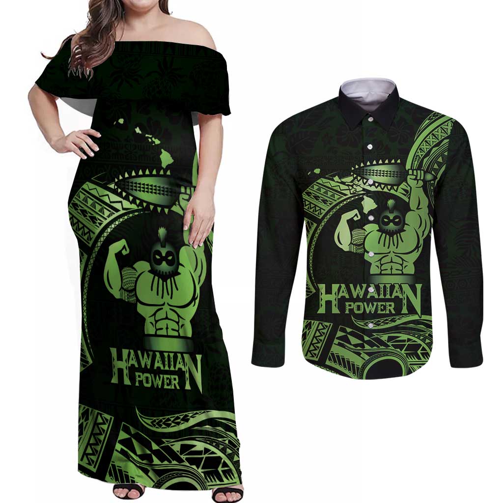 Green Hawaii Ikaika Warrior Couples Matching Off Shoulder Maxi Dress and Long Sleeve Button Shirt Hawaiian Power LT14 Green - Polynesian Pride