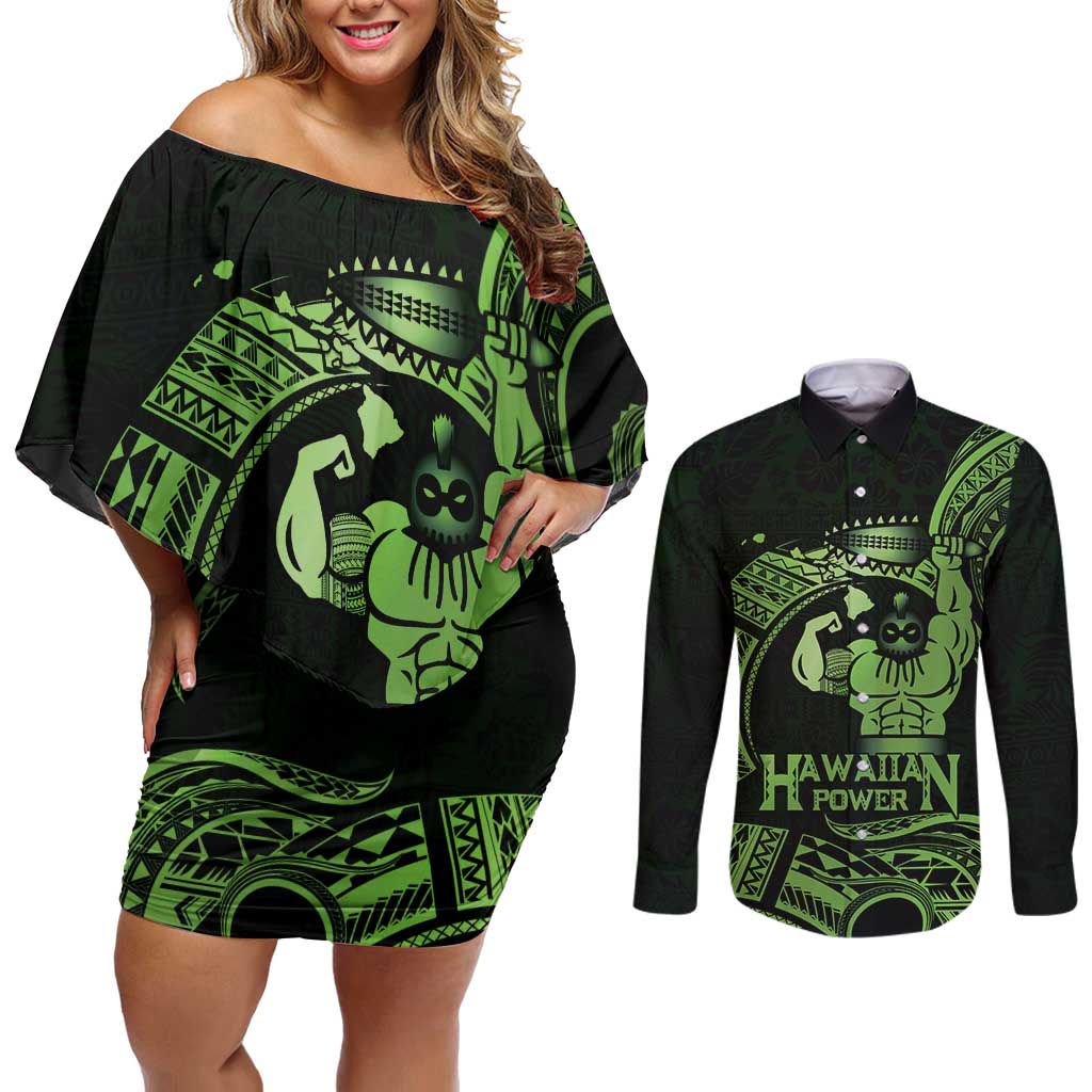 Green Hawaii Ikaika Warrior Couples Matching Off Shoulder Short Dress and Long Sleeve Button Shirt Hawaiian Power LT14 Green - Polynesian Pride