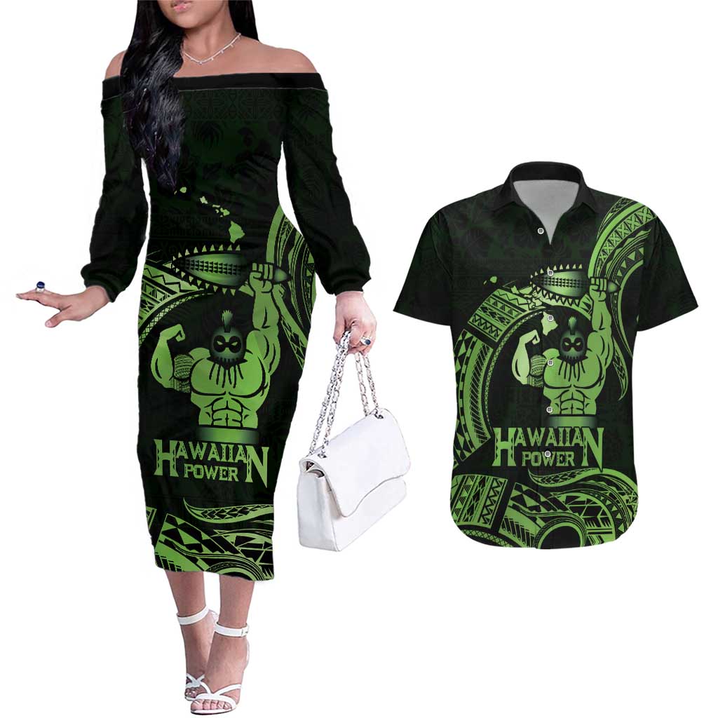 Green Hawaii Ikaika Warrior Couples Matching Off The Shoulder Long Sleeve Dress and Hawaiian Shirt Hawaiian Power LT14 Green - Polynesian Pride