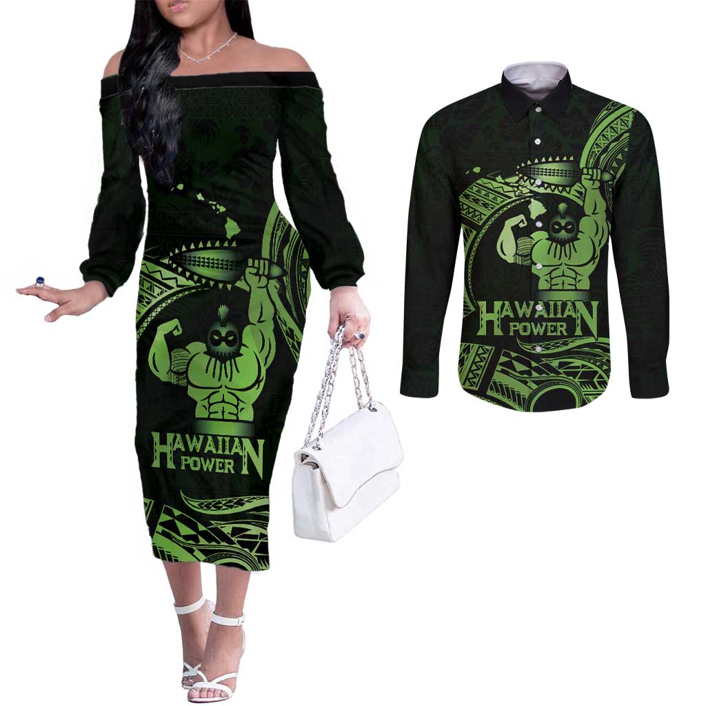 Green Hawaii Ikaika Warrior Couples Matching Off The Shoulder Long Sleeve Dress and Long Sleeve Button Shirt Hawaiian Power LT14 Green - Polynesian Pride