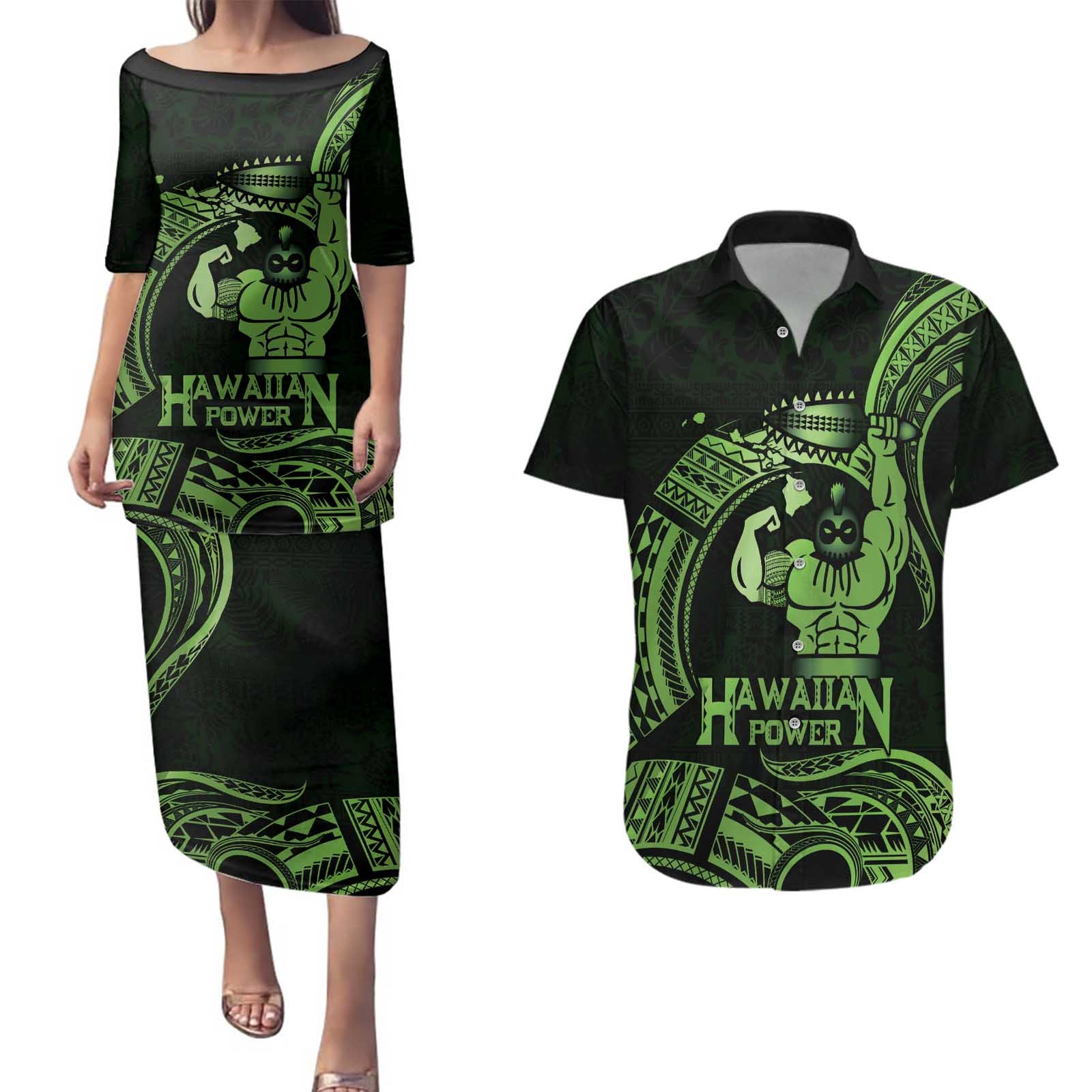 Green Hawaii Ikaika Warrior Couples Matching Puletasi and Hawaiian Shirt Hawaiian Power LT14 Green - Polynesian Pride