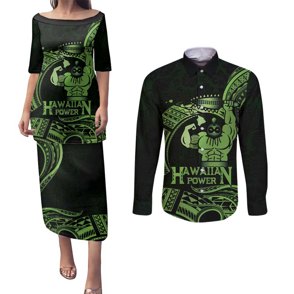Green Hawaii Ikaika Warrior Couples Matching Puletasi and Long Sleeve Button Shirt Hawaiian Power LT14 Green - Polynesian Pride