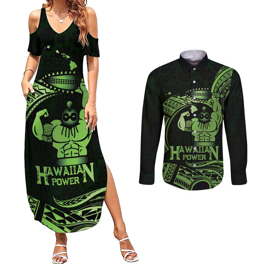 Green Hawaii Ikaika Warrior Couples Matching Summer Maxi Dress and Long Sleeve Button Shirt Hawaiian Power LT14 Green - Polynesian Pride