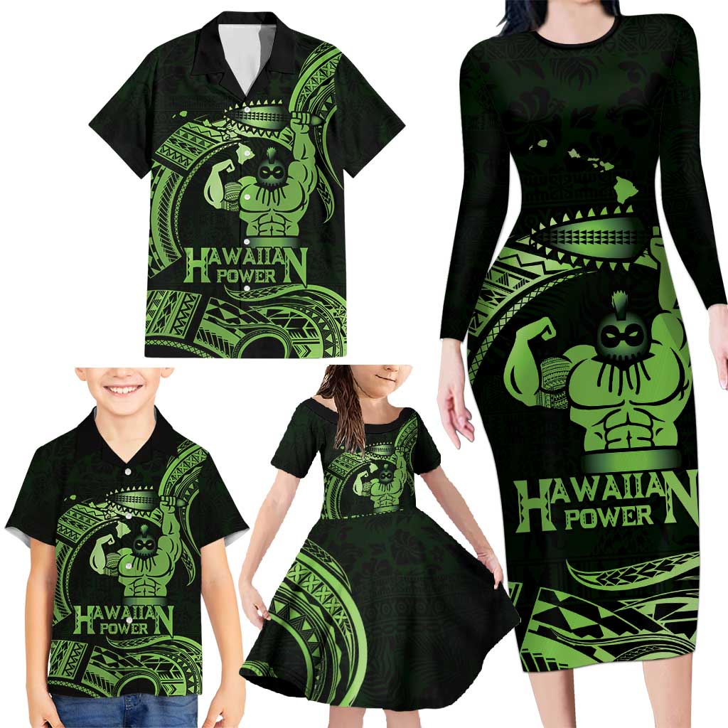Green Hawaii Ikaika Warrior Family Matching Long Sleeve Bodycon Dress and Hawaiian Shirt Hawaiian Power LT14 - Polynesian Pride