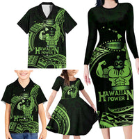 Green Hawaii Ikaika Warrior Family Matching Long Sleeve Bodycon Dress and Hawaiian Shirt Hawaiian Power LT14 - Polynesian Pride