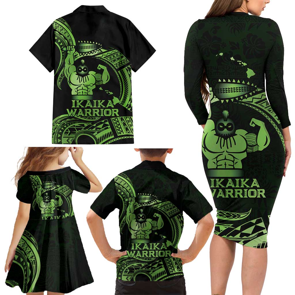 Green Hawaii Ikaika Warrior Family Matching Long Sleeve Bodycon Dress and Hawaiian Shirt Hawaiian Power LT14 - Polynesian Pride