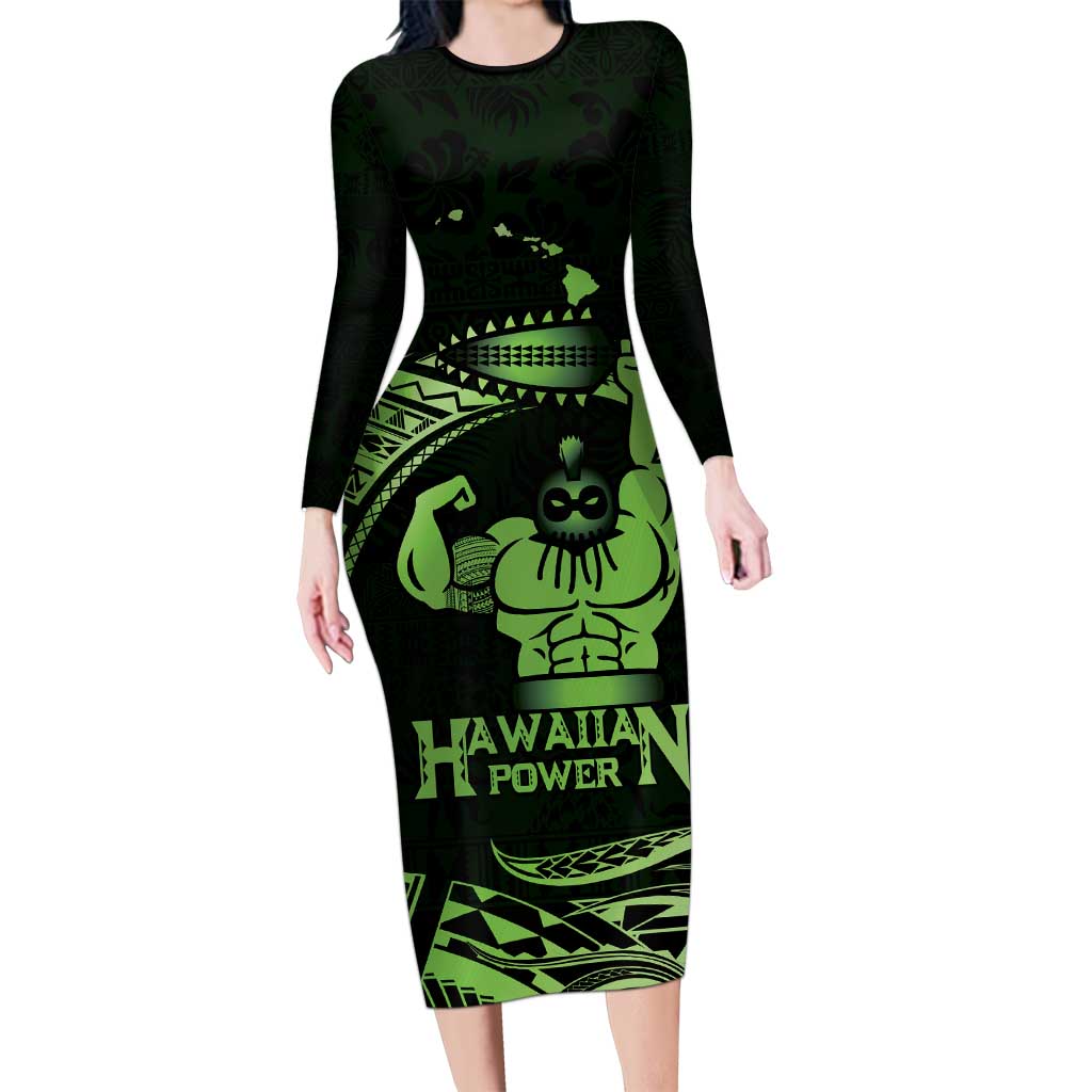 Green Hawaii Ikaika Warrior Family Matching Long Sleeve Bodycon Dress and Hawaiian Shirt Hawaiian Power LT14 Mom's Dress Green - Polynesian Pride