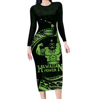 Green Hawaii Ikaika Warrior Family Matching Long Sleeve Bodycon Dress and Hawaiian Shirt Hawaiian Power LT14 Mom's Dress Green - Polynesian Pride