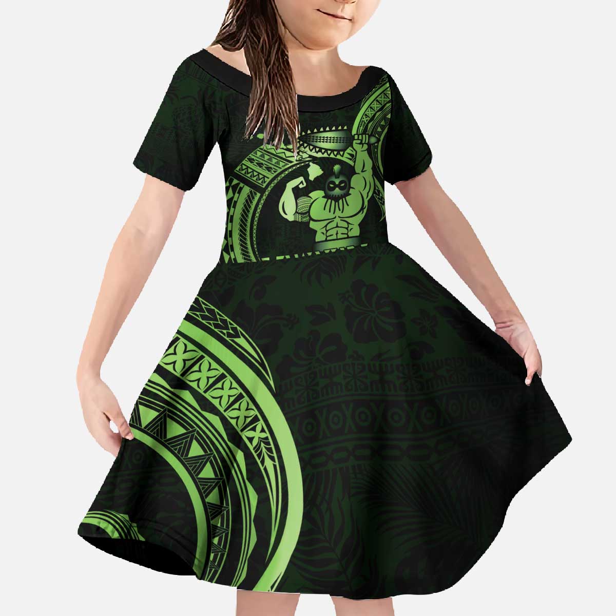 Green Hawaii Ikaika Warrior Family Matching Off The Shoulder Long Sleeve Dress and Hawaiian Shirt Hawaiian Power LT14 Daughter's Dress Green - Polynesian Pride