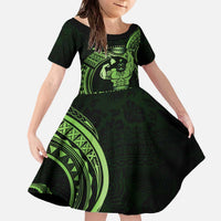 Green Hawaii Ikaika Warrior Family Matching Off The Shoulder Long Sleeve Dress and Hawaiian Shirt Hawaiian Power LT14 Daughter's Dress Green - Polynesian Pride