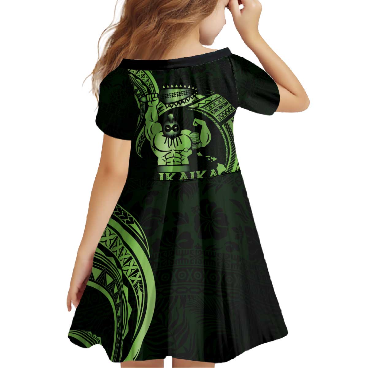 Green Hawaii Ikaika Warrior Family Matching Off The Shoulder Long Sleeve Dress and Hawaiian Shirt Hawaiian Power LT14 - Polynesian Pride