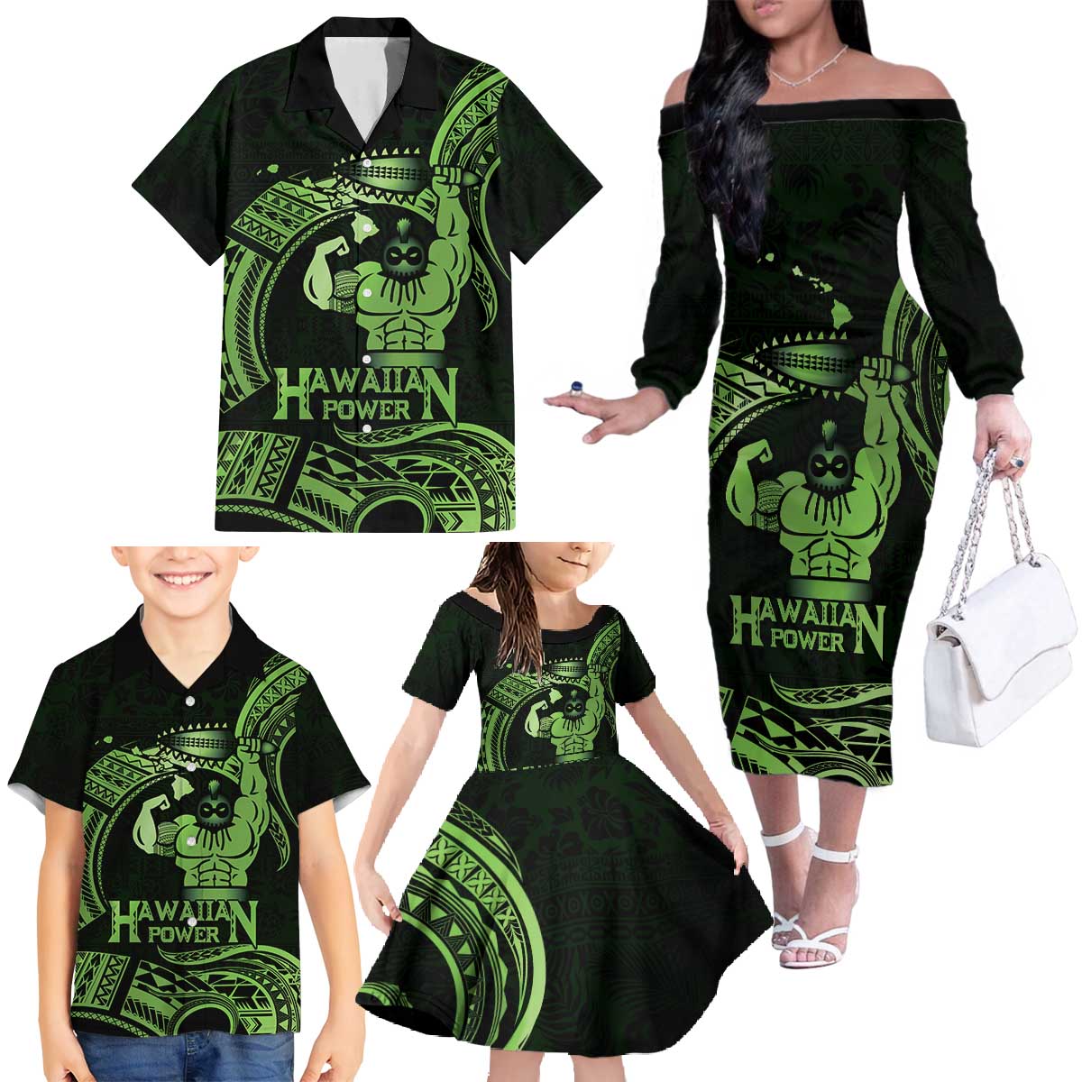 Green Hawaii Ikaika Warrior Family Matching Off The Shoulder Long Sleeve Dress and Hawaiian Shirt Hawaiian Power LT14 - Polynesian Pride