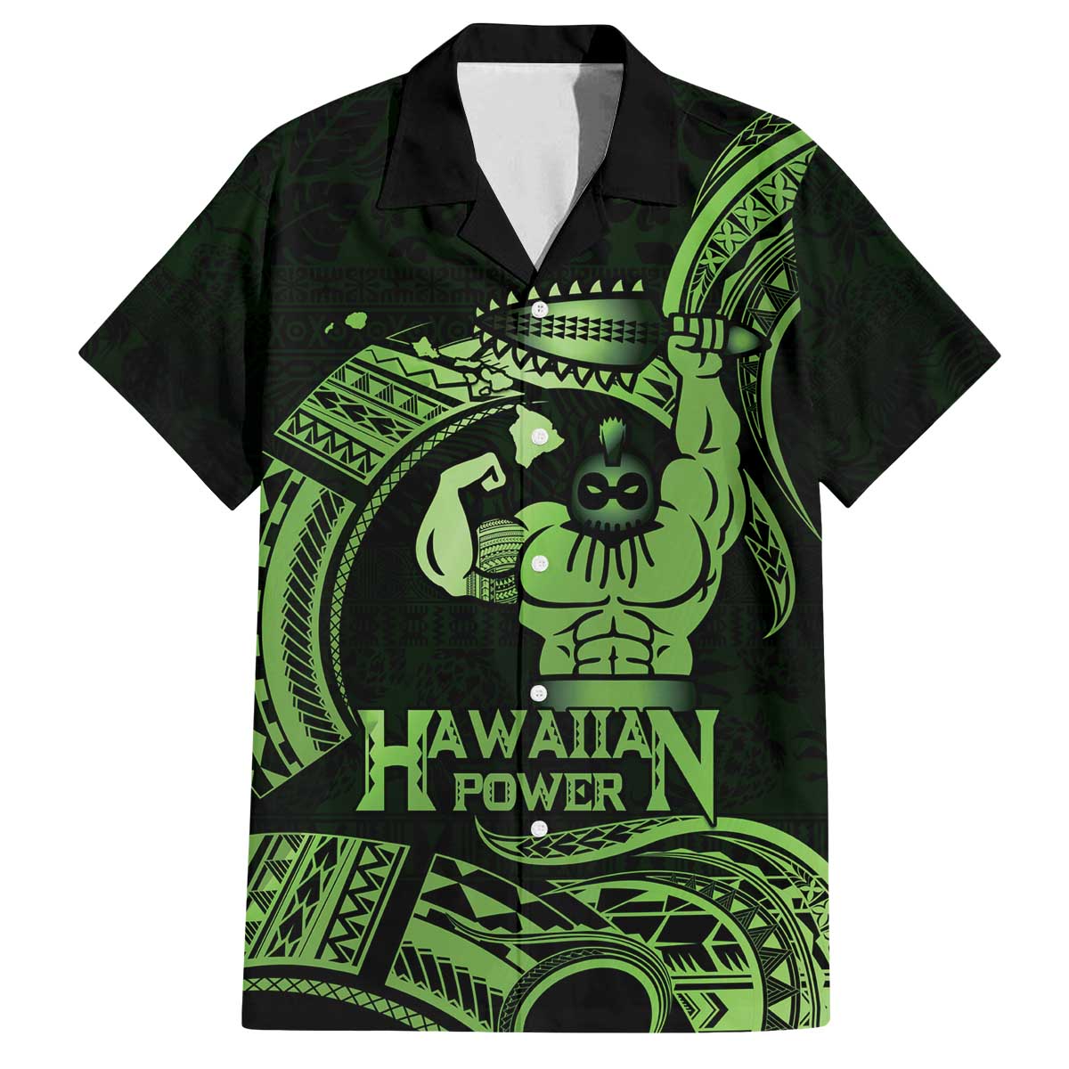 Green Hawaii Ikaika Warrior Family Matching Off The Shoulder Long Sleeve Dress and Hawaiian Shirt Hawaiian Power LT14 Dad's Shirt - Short Sleeve Green - Polynesian Pride