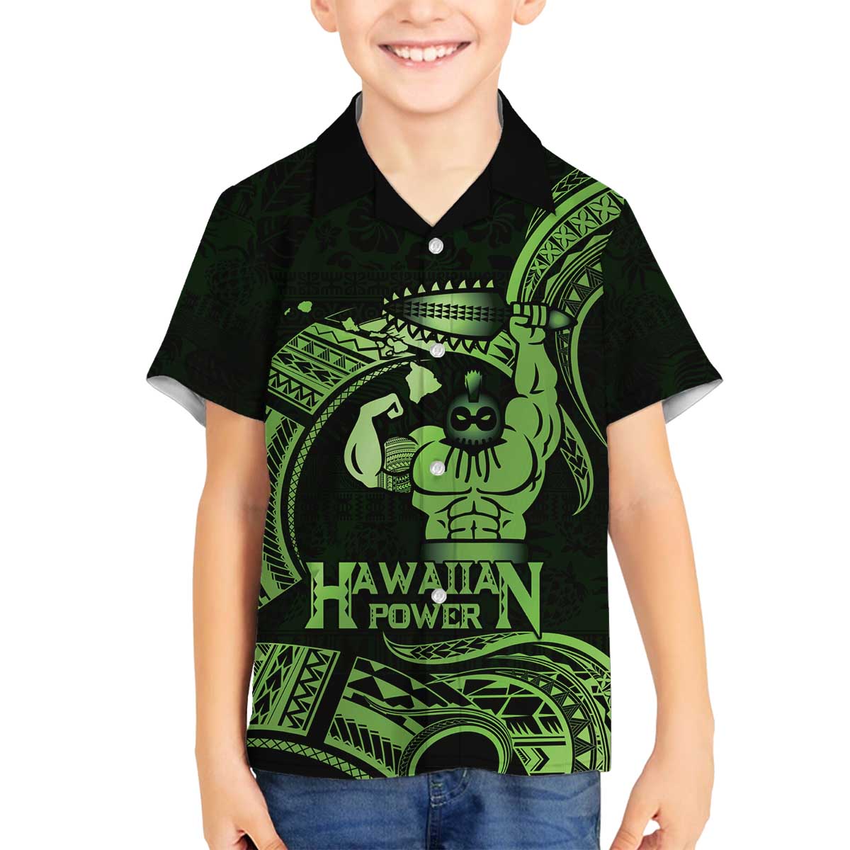 Green Hawaii Ikaika Warrior Family Matching Off The Shoulder Long Sleeve Dress and Hawaiian Shirt Hawaiian Power LT14 Son's Shirt Green - Polynesian Pride