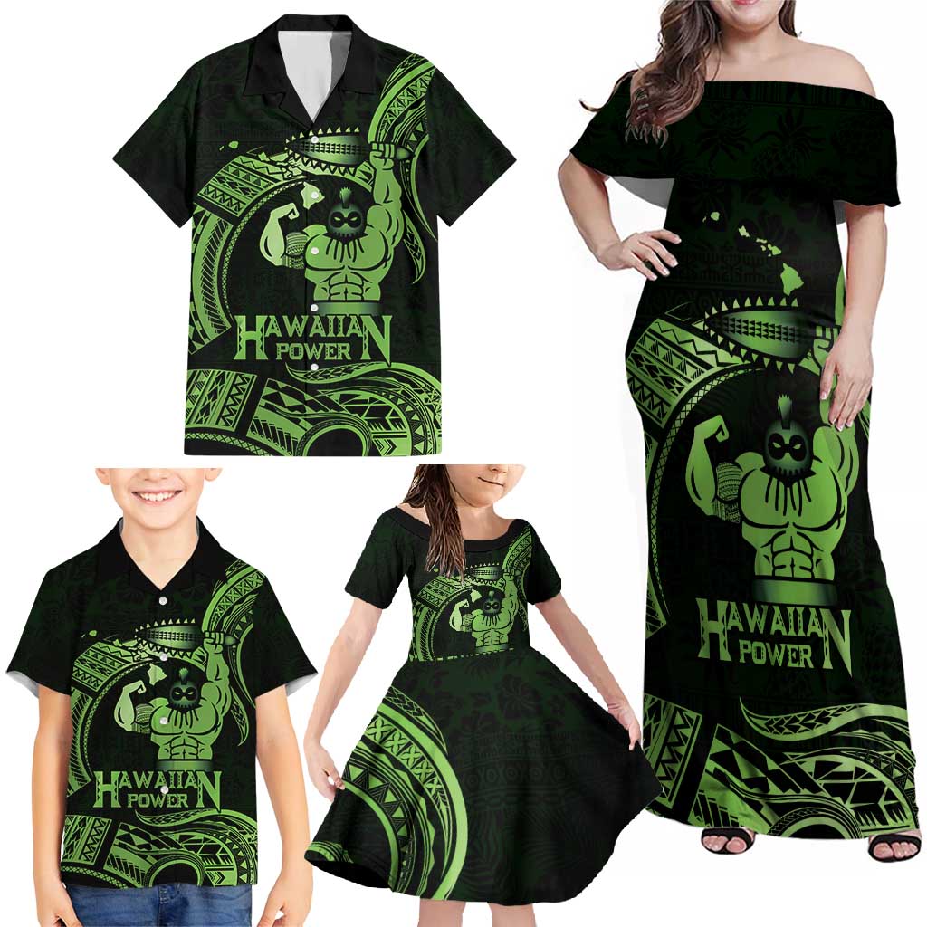 Green Hawaii Ikaika Warrior Family Matching Off Shoulder Maxi Dress and Hawaiian Shirt Hawaiian Power LT14 - Polynesian Pride