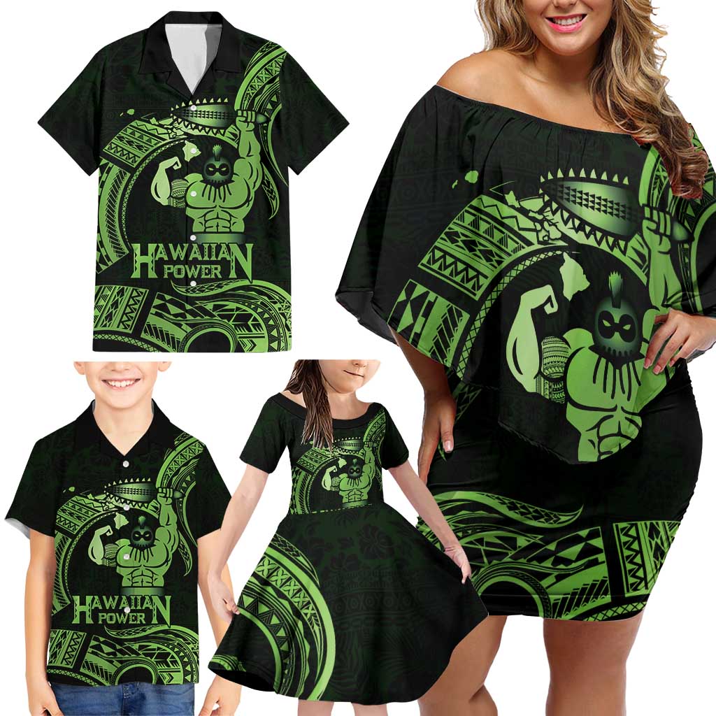 Green Hawaii Ikaika Warrior Family Matching Off Shoulder Short Dress and Hawaiian Shirt Hawaiian Power LT14 - Polynesian Pride