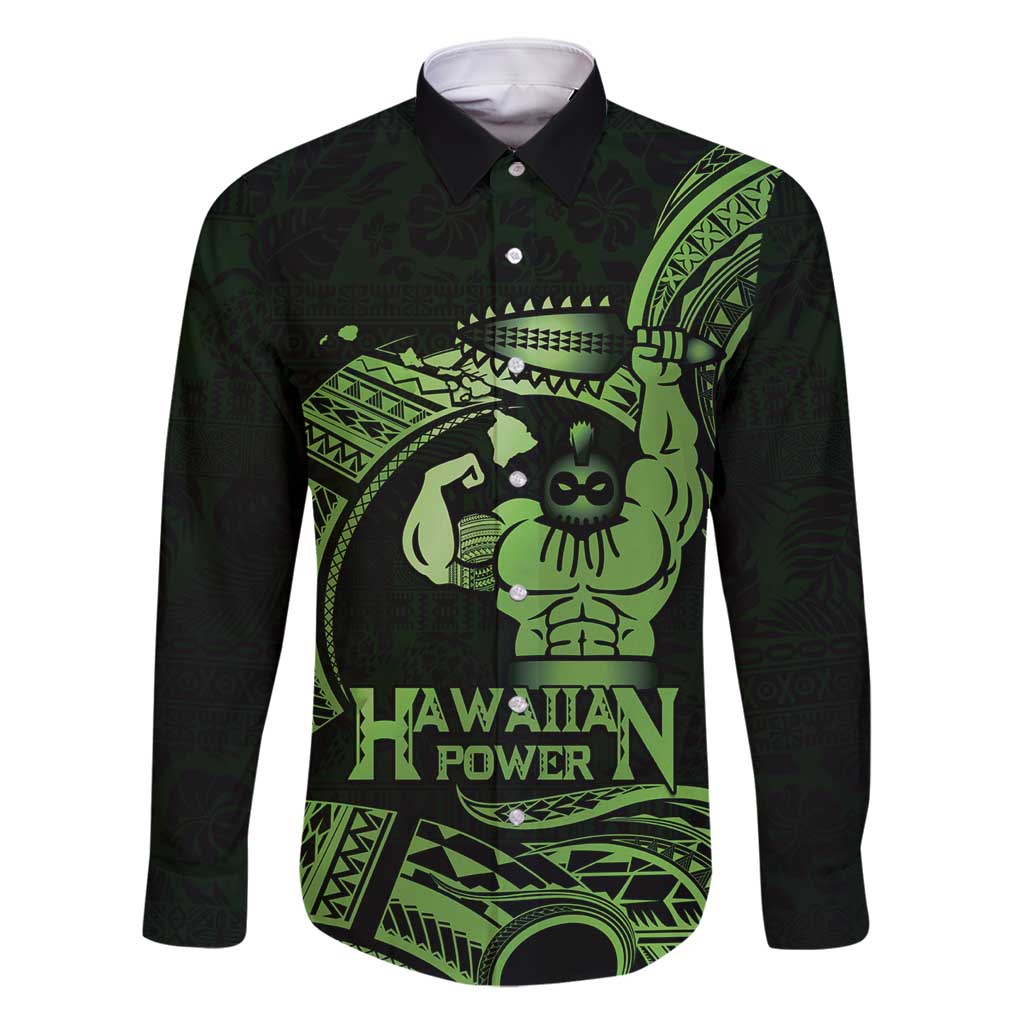Green Hawaii Ikaika Warrior Family Matching Tank Maxi Dress and Hawaiian Shirt Hawaiian Power LT14 Dad's Shirt - Long Sleeve Green - Polynesian Pride