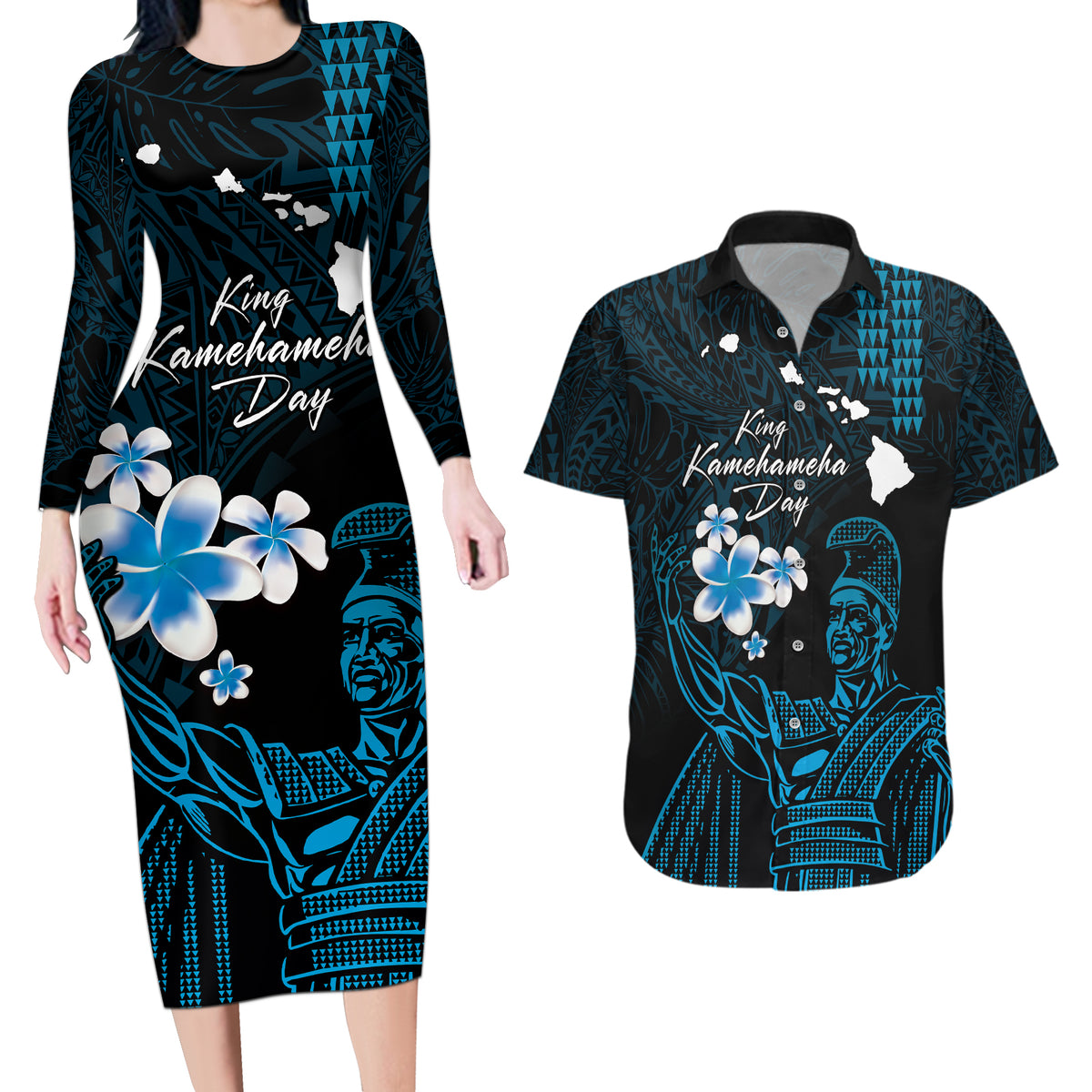 Personalised Hawaii King Kamehameha Day Couples Matching Long Sleeve Bodycon Dress and Hawaiian Shirt Plumeria With Kakau Pattern - Blue LT14 Blue - Polynesian Pride