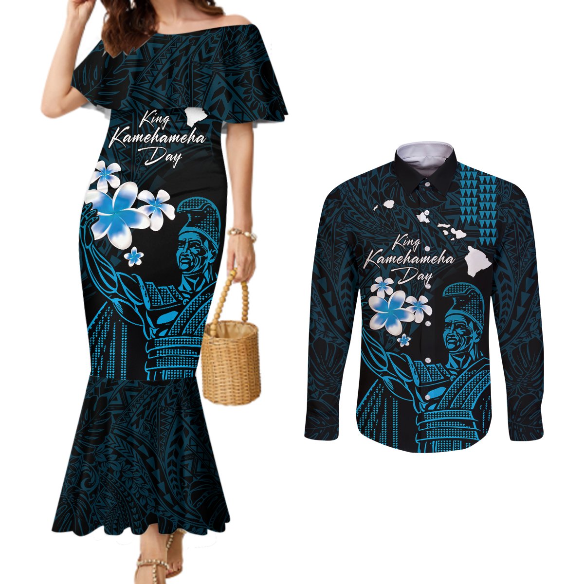 Personalised Hawaii King Kamehameha Day Couples Matching Mermaid Dress and Long Sleeve Button Shirt Plumeria With Kakau Pattern - Blue LT14 Blue - Polynesian Pride