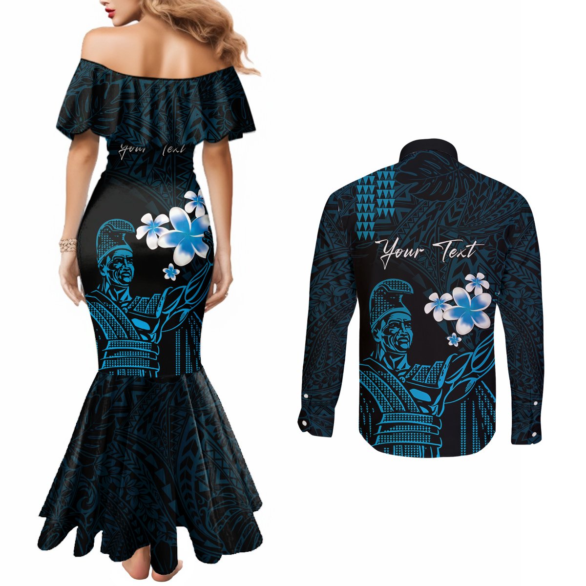 Personalised Hawaii King Kamehameha Day Couples Matching Mermaid Dress and Long Sleeve Button Shirt Plumeria With Kakau Pattern - Blue LT14 - Polynesian Pride