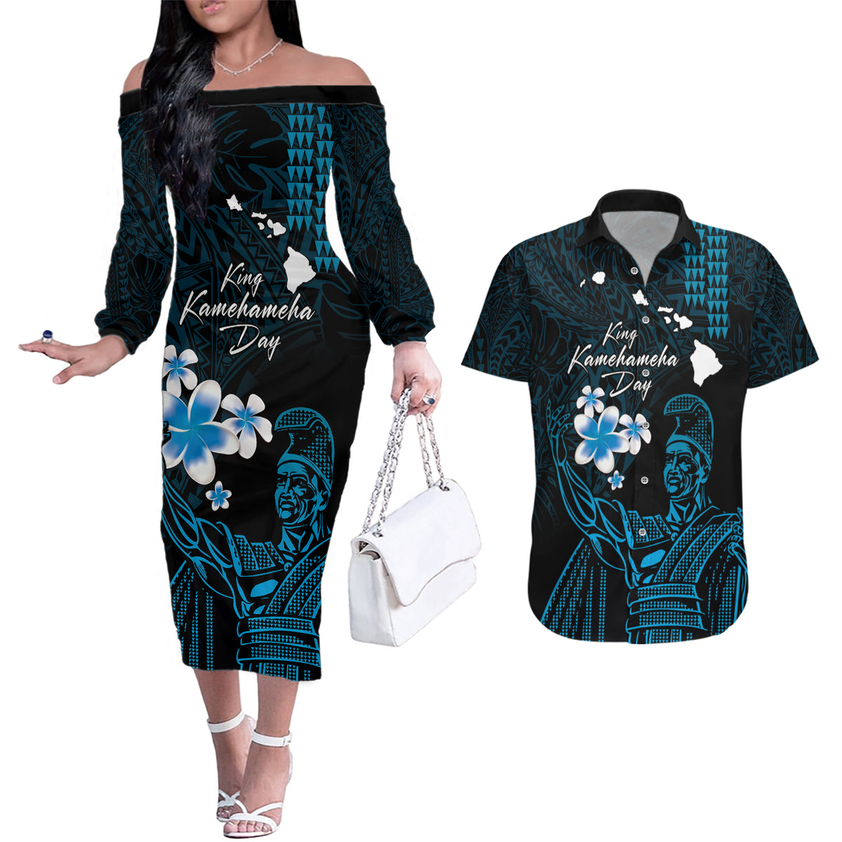 Personalised Hawaii King Kamehameha Day Couples Matching Off The Shoulder Long Sleeve Dress and Hawaiian Shirt Plumeria With Kakau Pattern - Blue LT14 Blue - Polynesian Pride