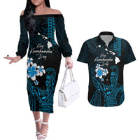 Personalised Hawaii King Kamehameha Day Couples Matching Off The Shoulder Long Sleeve Dress and Hawaiian Shirt Plumeria With Kakau Pattern - Blue LT14 Blue - Polynesian Pride