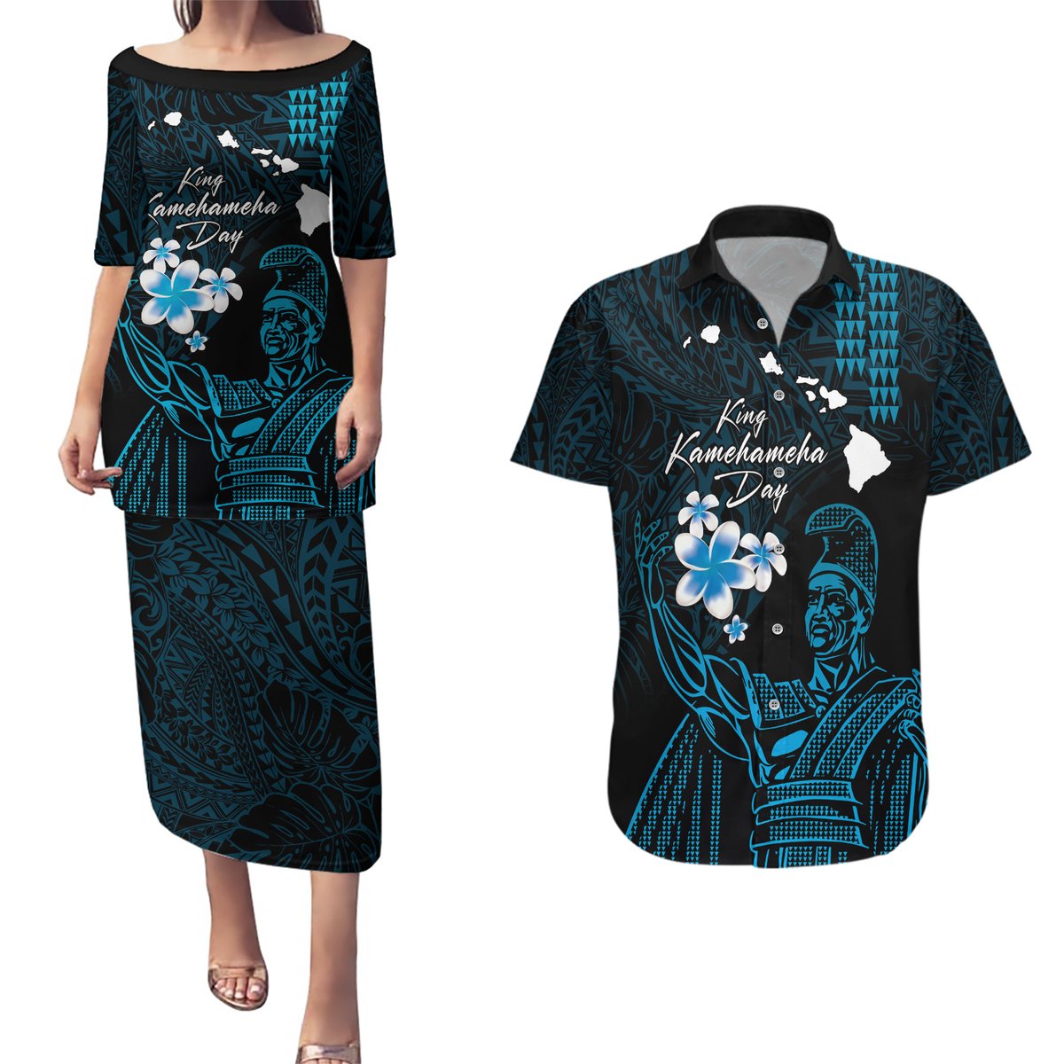 Personalised Hawaii King Kamehameha Day Couples Matching Puletasi and Hawaiian Shirt Plumeria With Kakau Pattern - Blue