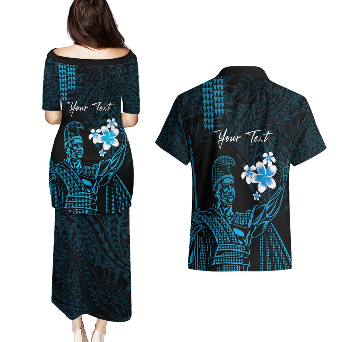 Personalised Hawaii King Kamehameha Day Couples Matching Puletasi and Hawaiian Shirt Plumeria With Kakau Pattern - Blue