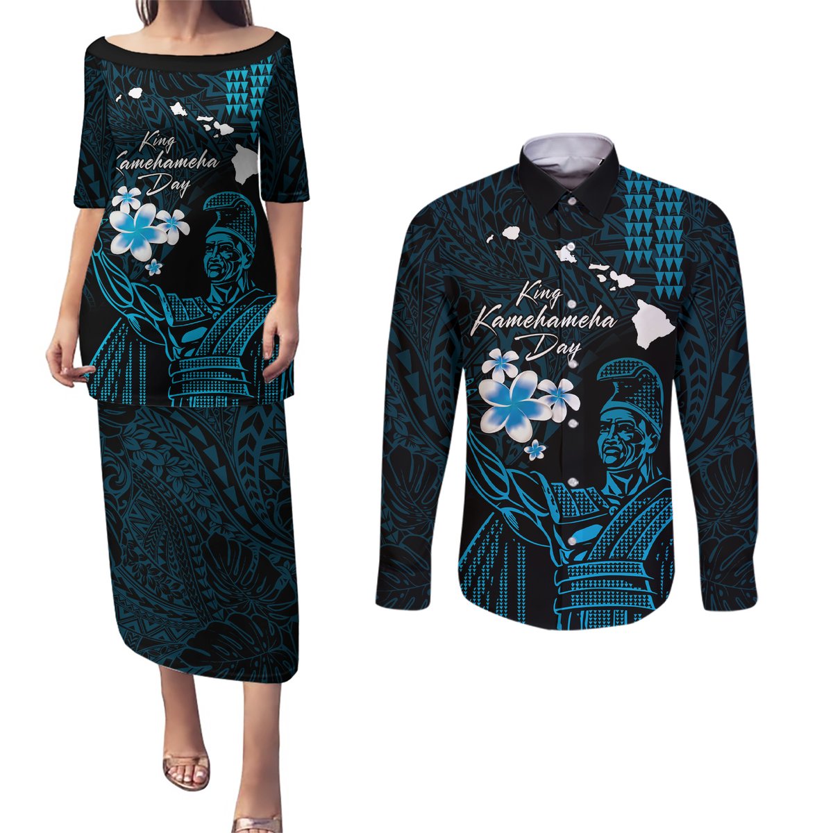 Personalised Hawaii King Kamehameha Day Couples Matching Puletasi and Long Sleeve Button Shirt Plumeria With Kakau Pattern - Blue
