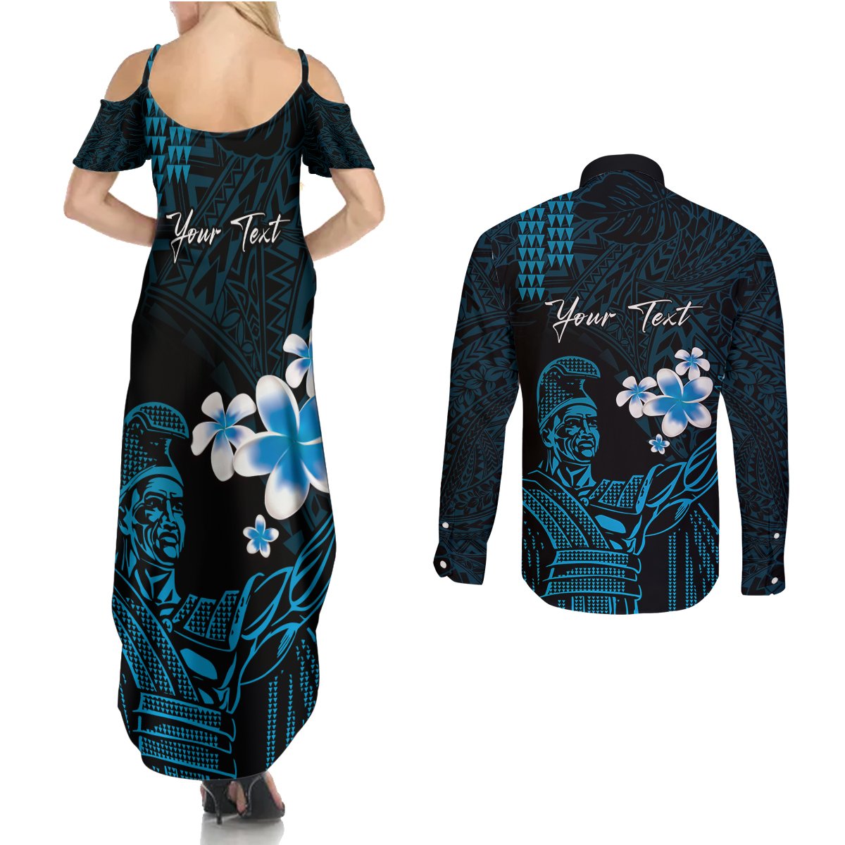 Personalised Hawaii King Kamehameha Day Couples Matching Summer Maxi Dress and Long Sleeve Button Shirt Plumeria With Kakau Pattern - Blue