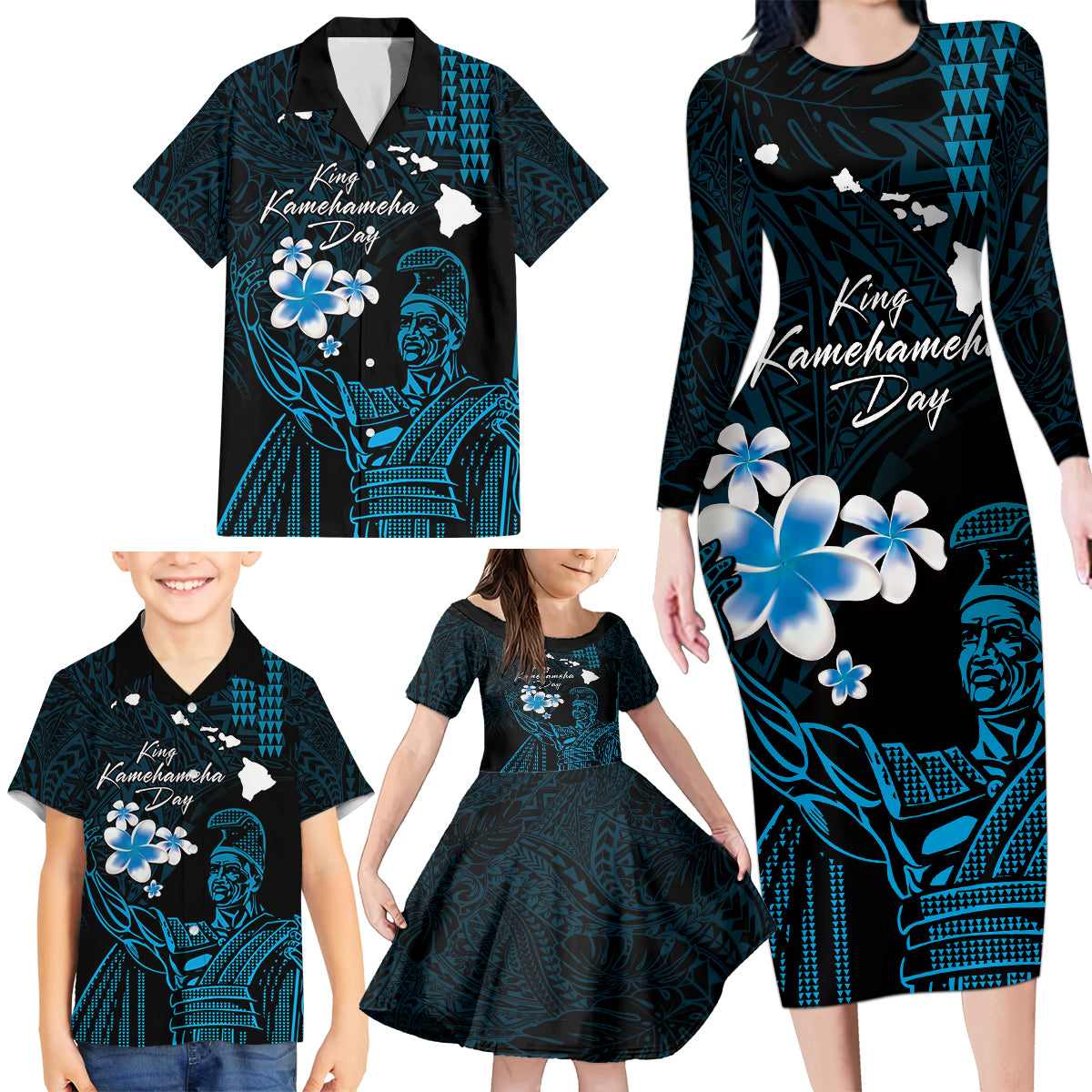 Personalised Hawaii King Kamehameha Day Family Matching Long Sleeve Bodycon Dress and Hawaiian Shirt Plumeria With Kakau Pattern - Blue LT14 - Polynesian Pride