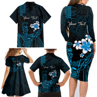 Personalised Hawaii King Kamehameha Day Family Matching Long Sleeve Bodycon Dress and Hawaiian Shirt Plumeria With Kakau Pattern - Blue LT14 - Polynesian Pride
