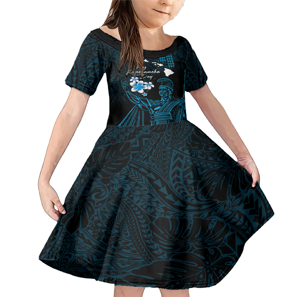 Personalised Hawaii King Kamehameha Day Family Matching Mermaid Dress and Hawaiian Shirt Plumeria With Kakau Pattern - Blue LT14 Daughter's Dress Blue - Polynesian Pride